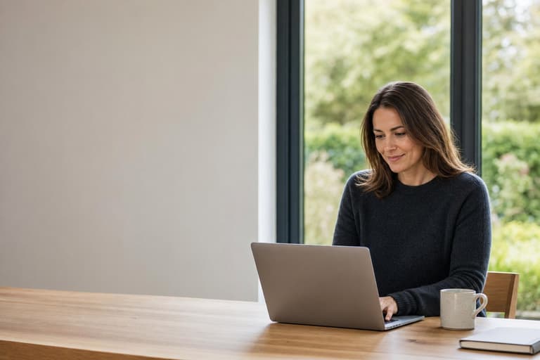 A proofreader working at a laptop by a window at home