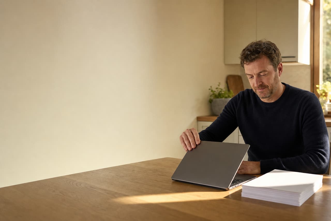 A proofreader closing a laptop at the end of a working day